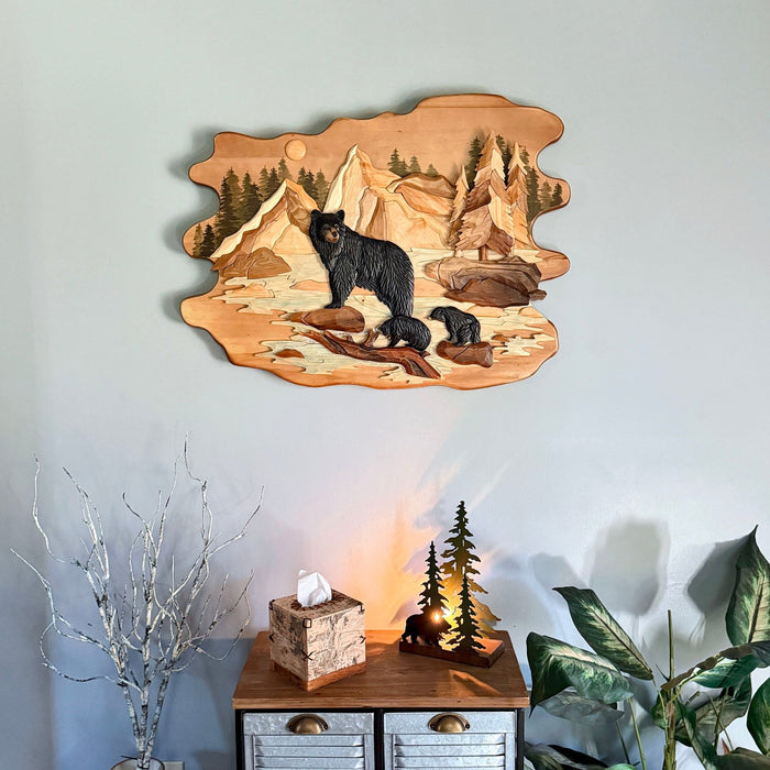 Bear Family In River Wood Wall Sculpture, 25.5 x 34 Inch Rustic Intarsia Bear Art With Glossy Finish, Hand Carved Layered
