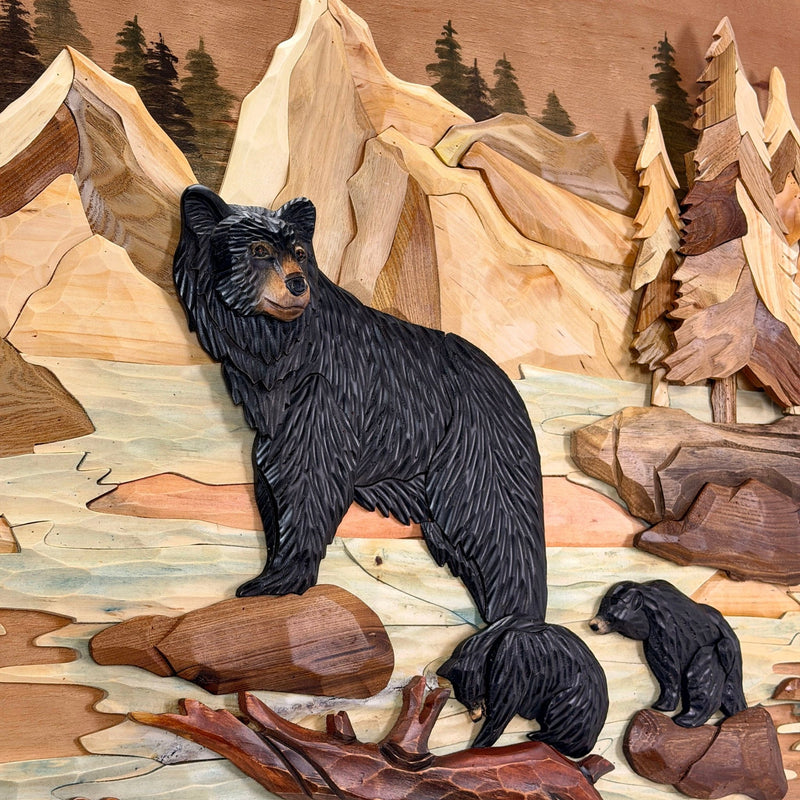 Bear Family In River Wood Wall Sculpture, 25.5 x 34 Inch Rustic Intarsia Bear Art With Glossy Finish, Hand Carved Layered