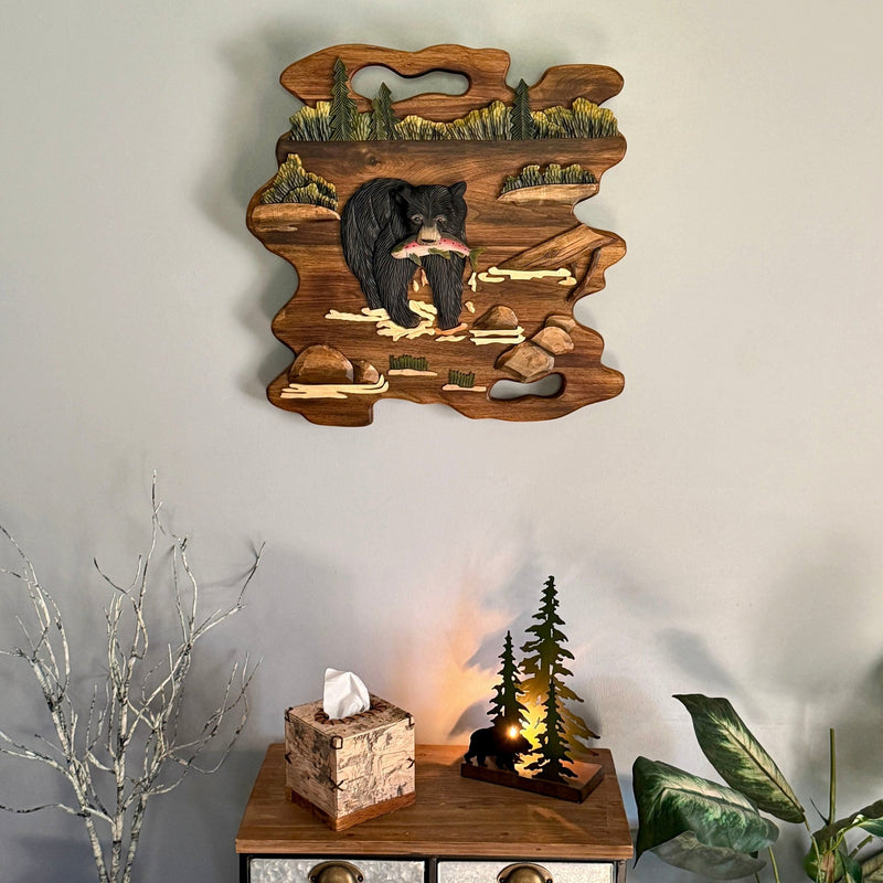 Bear Fishing Wood Wall Sculpture, 23.5 Inch Rustic Intarsia Carved Bear with Fish Art, Handcrafted Brown Woodland Wall Decor