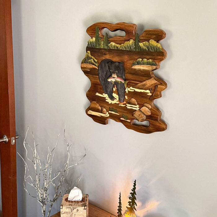 Bear Fishing Wood Wall Sculpture, 23.5 Inch Rustic Intarsia Carved Bear with Fish Art, Handcrafted Brown Woodland Wall Decor