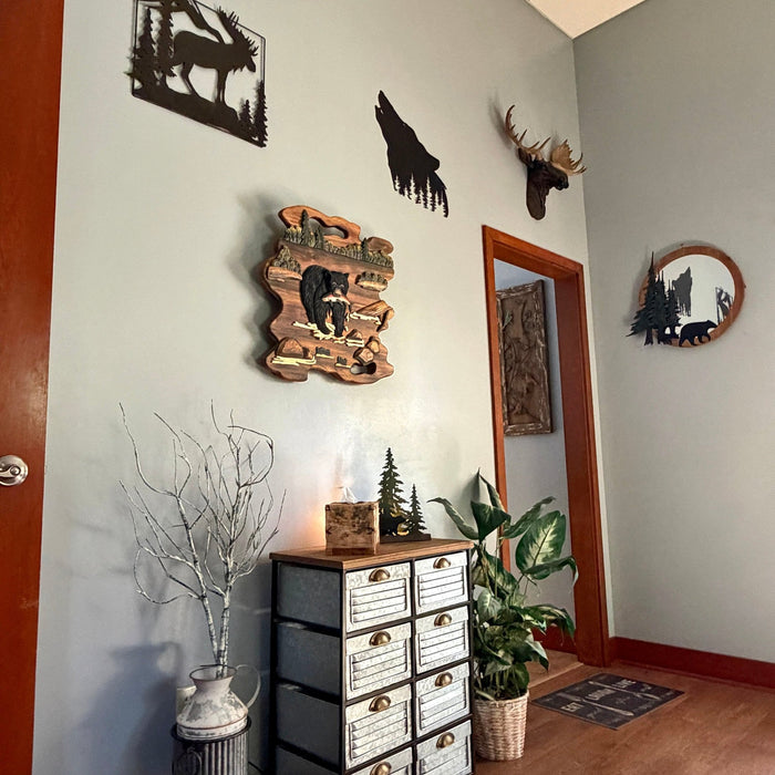 Bear Fishing Wood Wall Sculpture, 23.5 Inch Rustic Intarsia Carved Bear with Fish Art, Handcrafted Brown Woodland Wall Decor