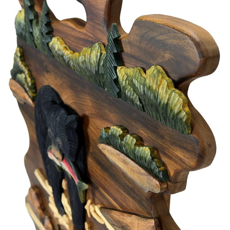 Bear Fishing Wood Wall Sculpture, 23.5 Inch Rustic Intarsia Carved Bear with Fish Art, Handcrafted Brown Woodland Wall Decor
