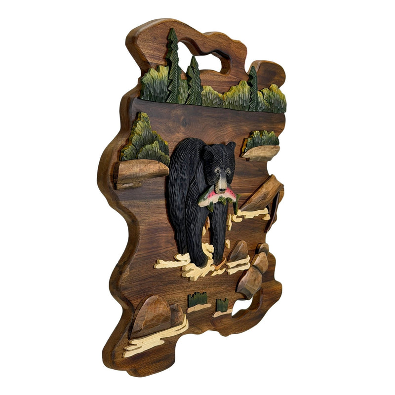 Bear Fishing Wood Wall Sculpture, 23.5 Inch Rustic Intarsia Carved Bear with Fish Art, Handcrafted Brown Woodland Wall Decor