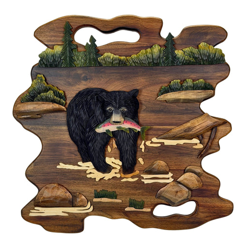 Bear Fishing Wood Wall Sculpture, 23.5 Inch Rustic Intarsia Carved Bear with Fish Art, Handcrafted Brown Woodland Wall Decor