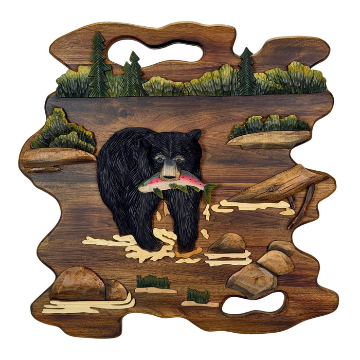 Bear Fishing Wood Wall Sculpture, 23.5 Inch Rustic Intarsia Carved Bear with Fish Art, Handcrafted Brown Woodland Wall Decor
