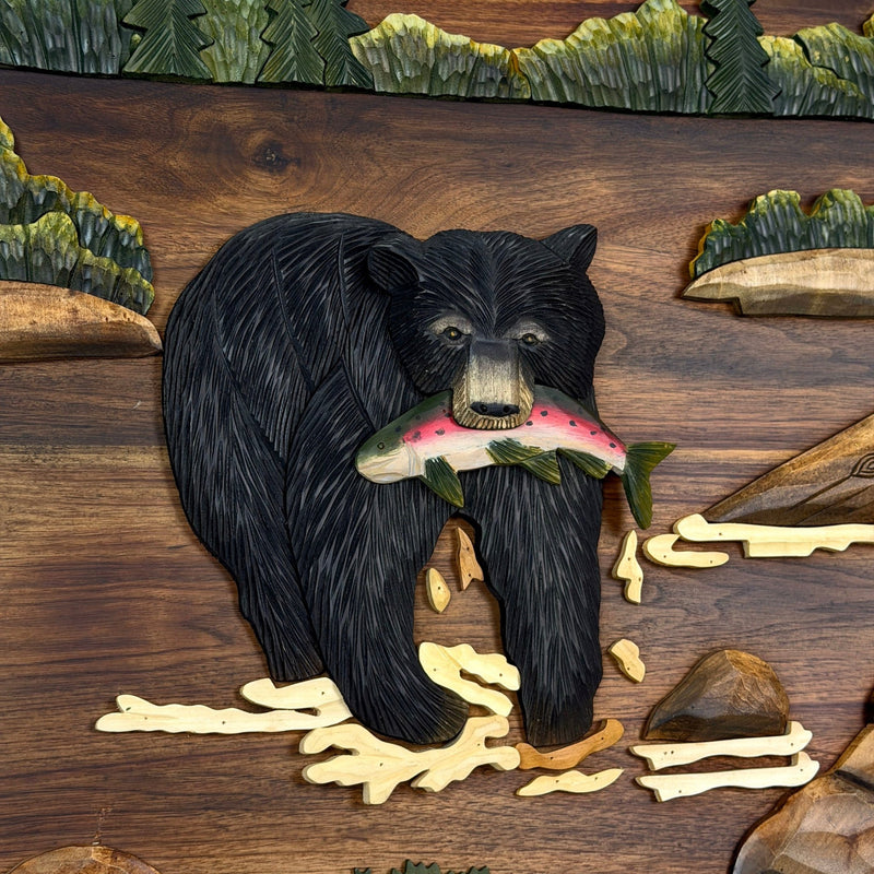 Bear Fishing Wood Wall Sculpture, 23.5 Inch Rustic Intarsia Carved Bear with Fish Art, Handcrafted Brown Woodland Wall Decor