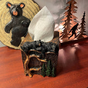 Bear Square Tissue Box Cover – Rustic Black Bear Resin Bathroom Decor with Protective Felt Pads, Fits Standard Square Tissue