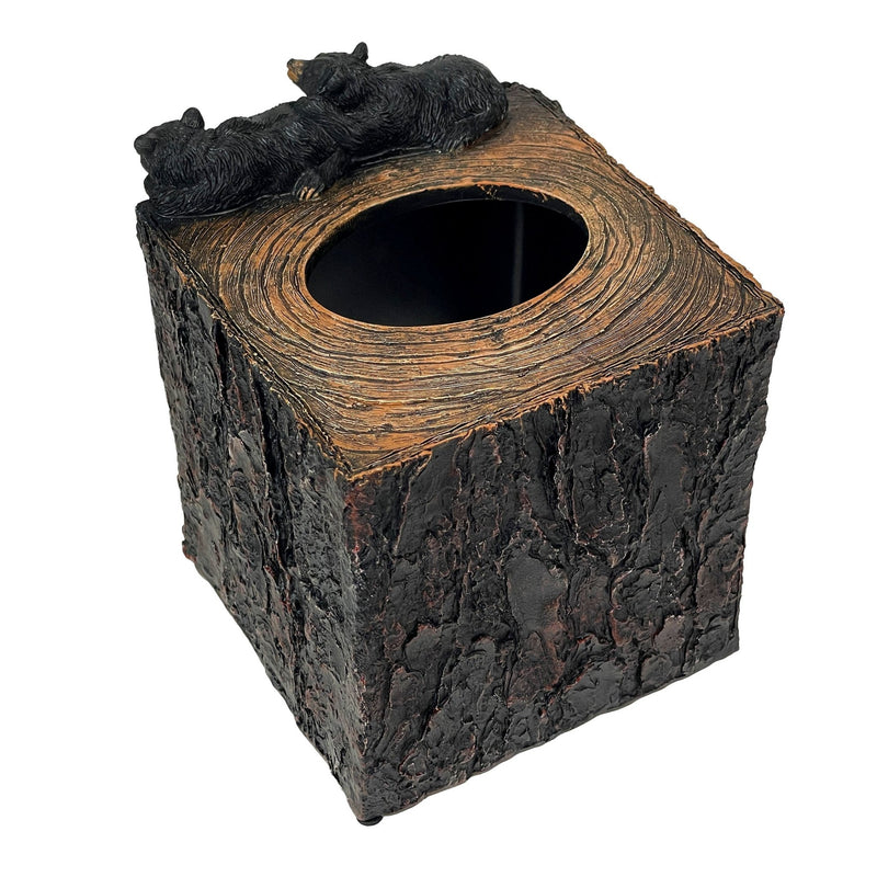Bear Square Tissue Box Cover – Rustic Black Bear Resin Bathroom Decor with Protective Felt Pads, Fits Standard Square Tissue