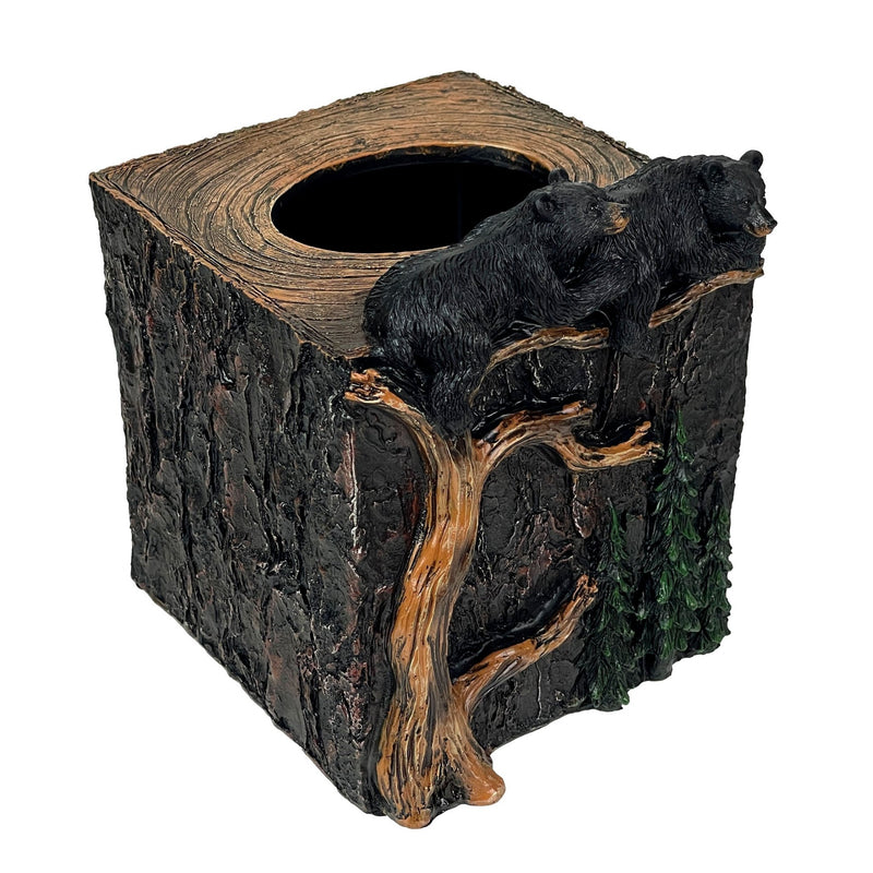 Bear Square Tissue Box Cover – Rustic Black Bear Resin Bathroom Decor with Protective Felt Pads, Fits Standard Square Tissue