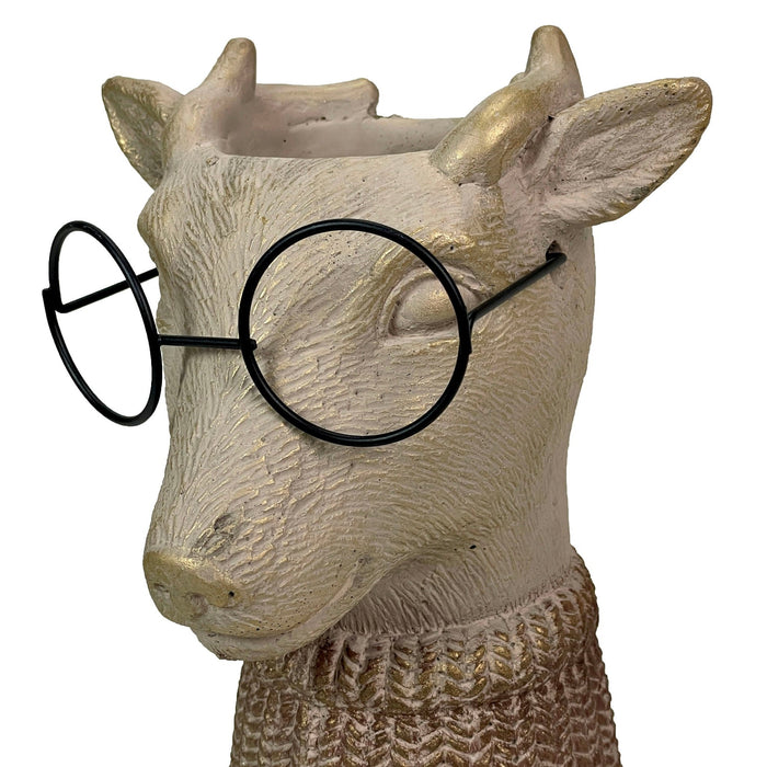 Bespectacled Deer Cement Vase 8.7 Inch - Gold Accents, Knit Scarf, Real Wire Glasses, Whimsical Animal Planter, Distressed