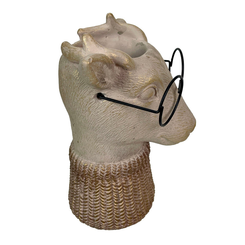 Bespectacled Deer Cement Vase 8.7 Inch - Gold Accents, Knit Scarf, Real Wire Glasses, Whimsical Animal Planter, Distressed