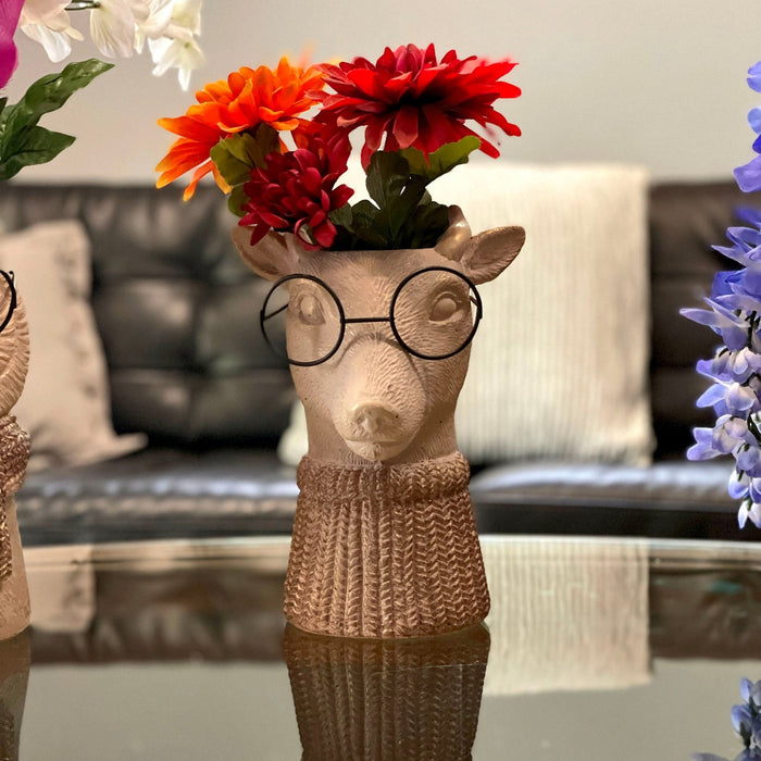 Bespectacled Deer Cement Vase 8.7 Inch - Gold Accents, Knit Scarf, Real Wire Glasses, Whimsical Animal Planter, Distressed