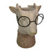 Bespectacled Deer Cement Vase 8.7 Inch - Gold Accents, Knit Scarf, Real Wire Glasses, Whimsical Animal Planter, Distressed
