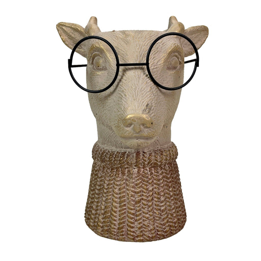 Bespectacled Deer Cement Vase 8.7 Inch - Gold Accents, Knit Scarf, Real Wire Glasses, Whimsical Animal Planter, Distressed