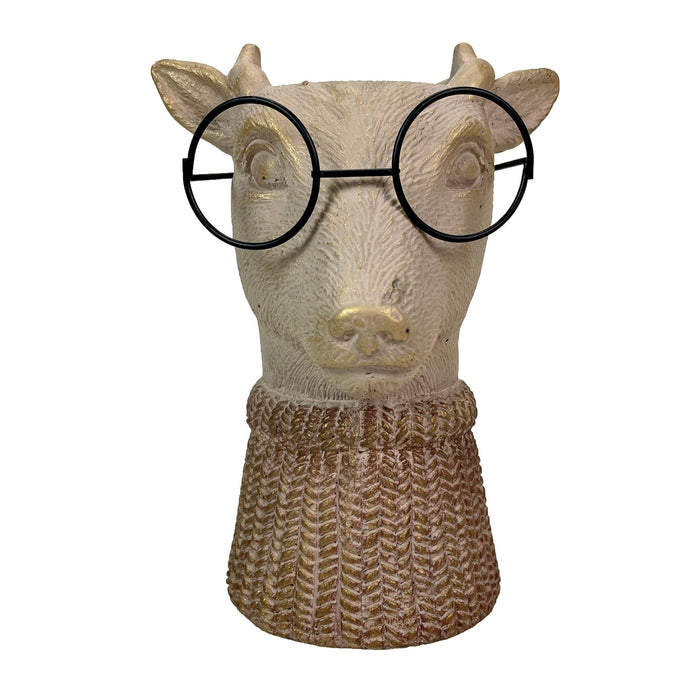 Bespectacled Deer Cement Vase 8.7 Inch - Gold Accents, Knit Scarf, Real Wire Glasses, Whimsical Animal Planter, Distressed
