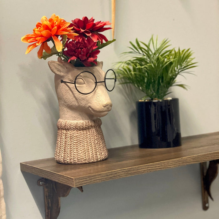 Bespectacled Deer Cement Vase 8.7 Inch - Gold Accents, Knit Scarf, Real Wire Glasses, Whimsical Animal Planter, Distressed