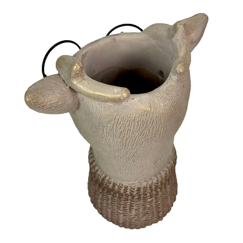 Bespectacled Deer Cement Vase 8.7 Inch - Gold Accents, Knit Scarf, Real Wire Glasses, Whimsical Animal Planter, Distressed