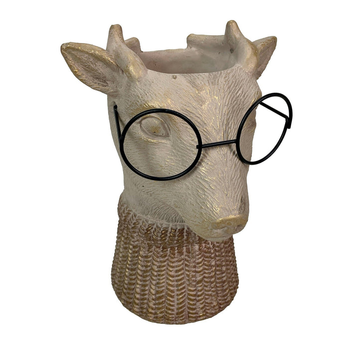 Bespectacled Deer Cement Vase 8.7 Inch - Gold Accents, Knit Scarf, Real Wire Glasses, Whimsical Animal Planter, Distressed