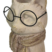 Bespectacled Fox Cement Vase 8.25 Inch – Gold Accents, Knit Textured Scarf, Real Wire Glasses, Whimsical Animal Decor,
