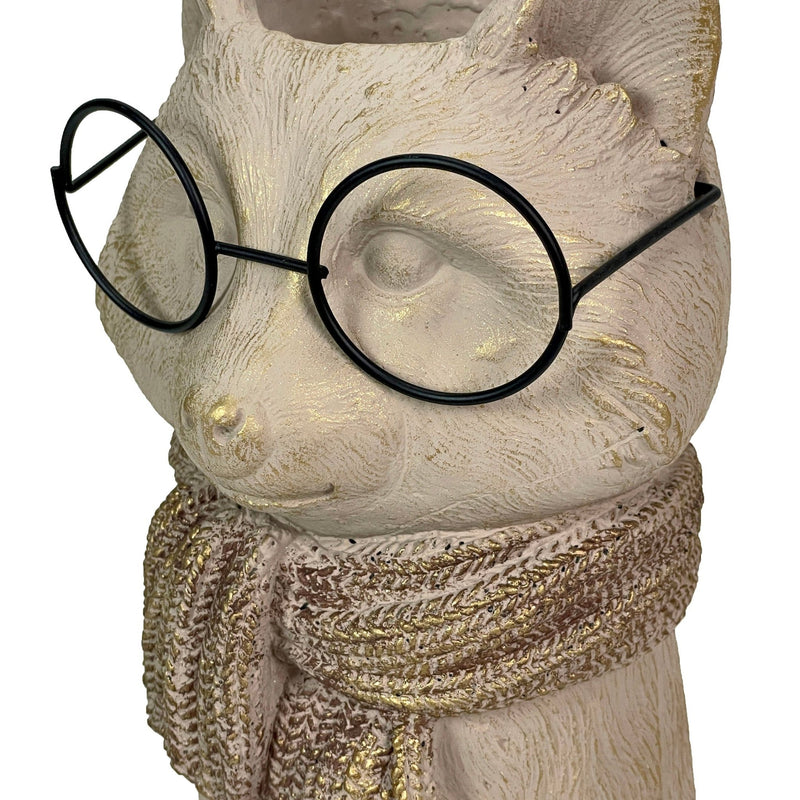 Bespectacled Fox Cement Vase 8.25 Inch – Gold Accents, Knit Textured Scarf, Real Wire Glasses, Whimsical Animal Decor,