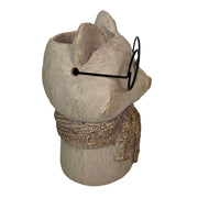 Bespectacled Fox Cement Vase 8.25 Inch – Gold Accents, Knit Textured Scarf, Real Wire Glasses, Whimsical Animal Decor,