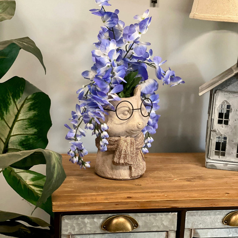 Bespectacled Fox Cement Vase 8.25 Inch – Gold Accents, Knit Textured Scarf, Real Wire Glasses, Whimsical Animal Decor,