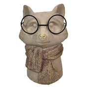 Bespectacled Fox Cement Vase 8.25 Inch – Gold Accents, Knit Textured Scarf, Real Wire Glasses, Whimsical Animal Decor,