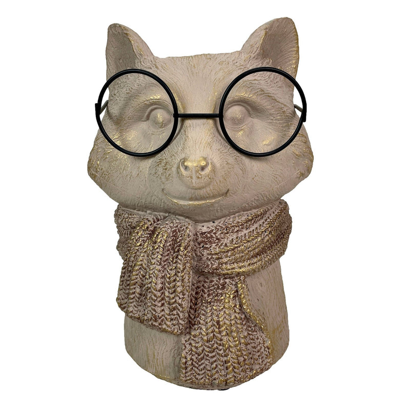 Bespectacled Fox Cement Vase 8.25 Inch – Gold Accents, Knit Textured Scarf, Real Wire Glasses, Whimsical Animal Decor,