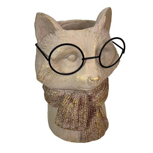 Bespectacled Fox Cement Vase 8.25 Inch – Gold Accents, Knit Textured Scarf, Real Wire Glasses, Whimsical Animal Decor,