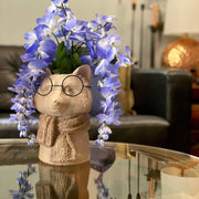 Bespectacled Fox Cement Vase 8.25 Inch – Gold Accents, Knit Textured Scarf, Real Wire Glasses, Whimsical Animal Decor,
