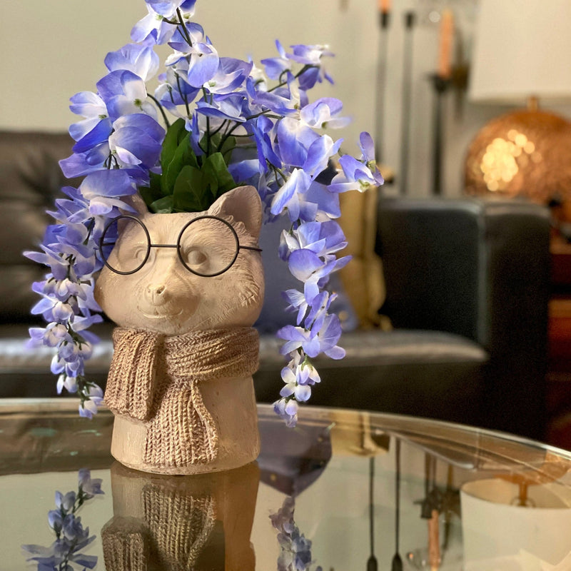 Bespectacled Fox Cement Vase 8.25 Inch – Gold Accents, Knit Textured Scarf, Real Wire Glasses, Whimsical Animal Decor,