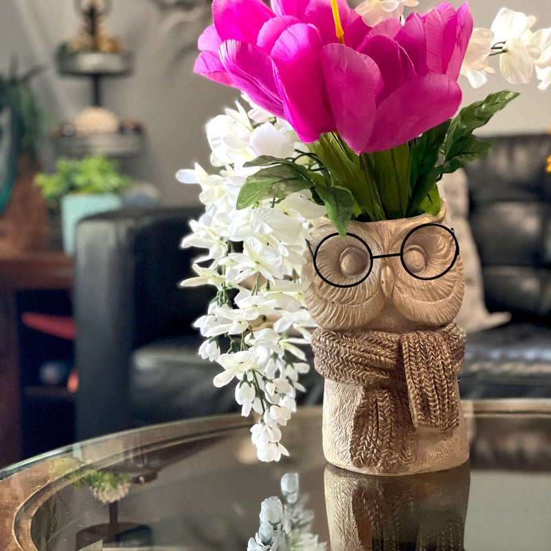 Bespectacled Owl Cement Vase 8.25 Inch – Whimsical Animal Planter with Real Glasses, Knit Textured Scarf, and Gold Metallic