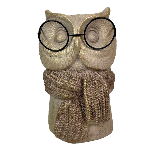 Bespectacled Owl Cement Vase 8.25 Inch – Whimsical Animal Planter with Real Glasses, Knit Textured Scarf, and Gold Metallic
