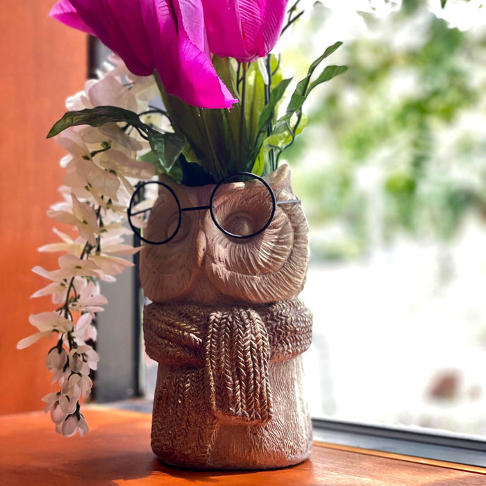 Bespectacled Owl Cement Vase 8.25 Inch – Whimsical Animal Planter with Real Glasses, Knit Textured Scarf, and Gold Metallic
