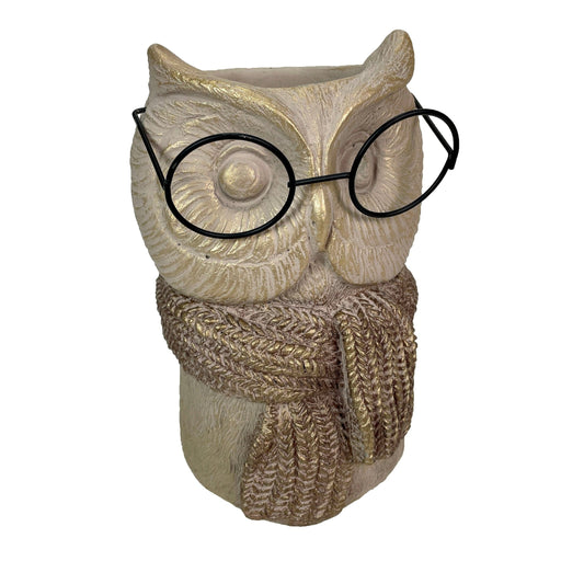 Bespectacled Owl Cement Vase 8.25 Inch – Whimsical Animal Planter with Real Glasses, Knit Textured Scarf, and Gold Metallic