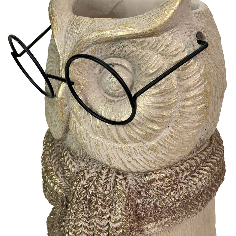 Bespectacled Owl Cement Vase 8.25 Inch – Whimsical Animal Planter with Real Glasses, Knit Textured Scarf, and Gold Metallic