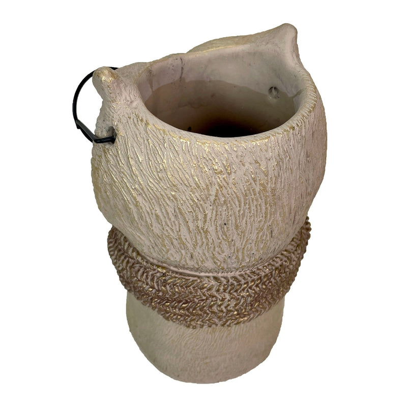 Bespectacled Owl Cement Vase 8.25 Inch – Whimsical Animal Planter with Real Glasses, Knit Textured Scarf, and Gold Metallic