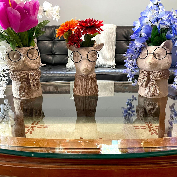 Bespectacled Owl Cement Vase 8.25 Inch – Whimsical Animal Planter with Real Glasses, Knit Textured Scarf, and Gold Metallic
