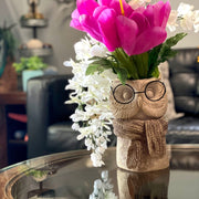 Bespectacled Owl Cement Vase 8.25 Inch – Whimsical Animal Planter with Real Glasses, Knit Textured Scarf, and Gold Metallic