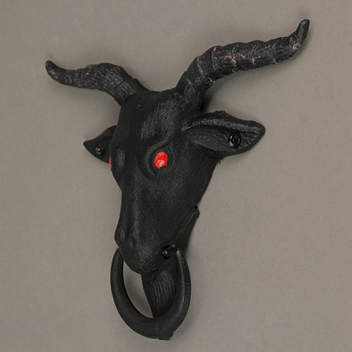 Black Enamel Cast Iron Baphomet Sabbatic Goat Head Decorative Doorknocker Image 7