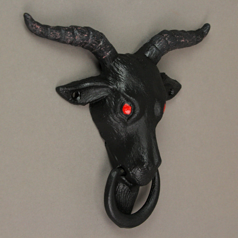 Black Enamel Cast Iron Baphomet Sabbatic Goat Head Decorative Doorknocker Home Entrance Decor - 6.5 Inches High - Gothic