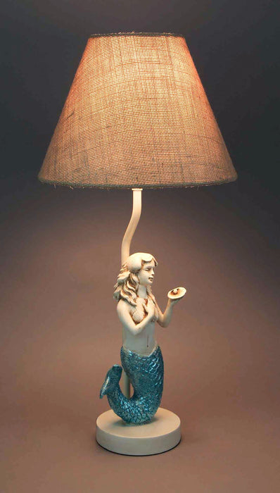 2 - Image 4 - Set of 2 Blue Glitter Tail Mermaid Table Lamps Coastal Beach Decor Burlap Shades