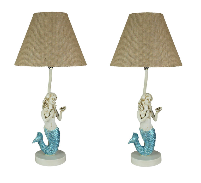 2 - Image 1 - Set of 2 Blue Glitter Tail Mermaid Table Lamps Coastal Beach Decor Burlap Shades