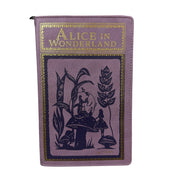 Things2die4 Book-Shaped Crossbody Bag, Alice in Wonderland Lavender Vinyl Handbag with Detachable Shoulder and Wrist Straps,