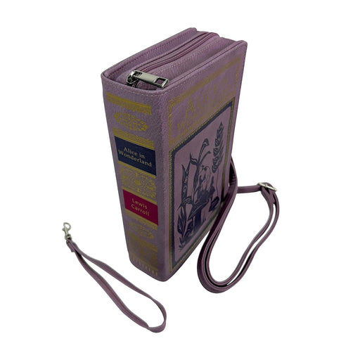 Things2die4 Book-Shaped Crossbody Bag, Alice in Wonderland Lavender Vinyl Handbag with Detachable Shoulder and Wrist Straps,