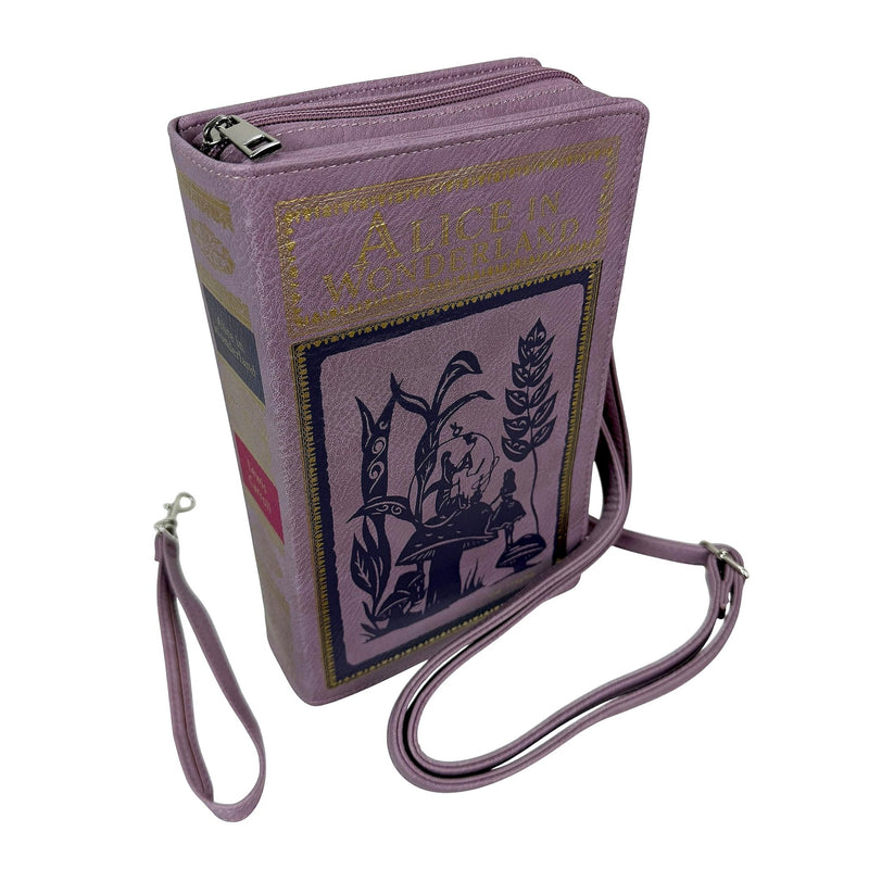 Things2die4 Book-Shaped Crossbody Bag, Alice in Wonderland Lavender Vinyl Handbag with Detachable Shoulder and Wrist Straps,