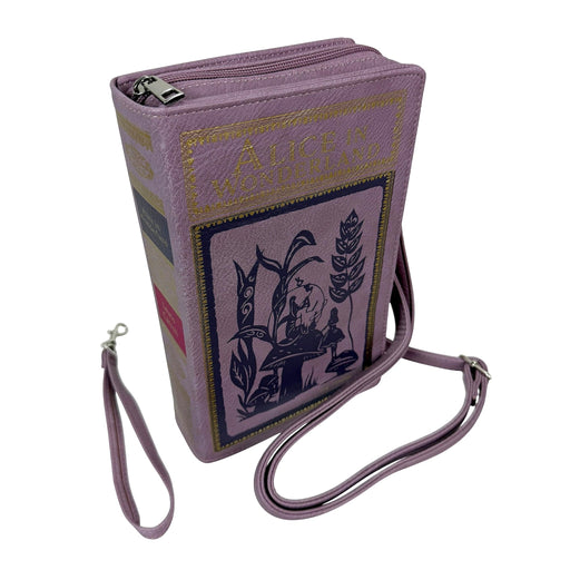 Things2die4 Book-Shaped Crossbody Bag, Alice in Wonderland Lavender Vinyl Handbag with Detachable Shoulder and Wrist Straps,