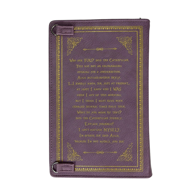 Things2die4 Book-Shaped Crossbody Bag, Alice in Wonderland Lavender Vinyl Handbag with Detachable Shoulder and Wrist Straps,