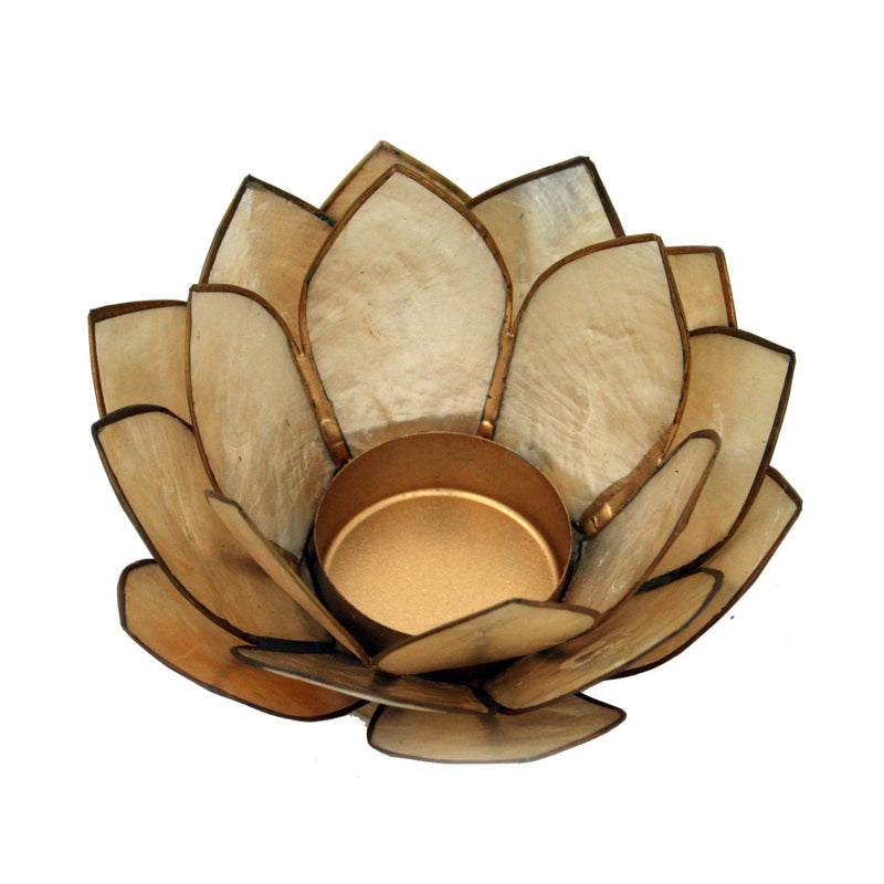 Tan - Image 1 - Light Brown Capiz Shell Lotus Flower Tealight Candle Holder - Exquisite Boho Décor - 4.75 Inches in Diameter