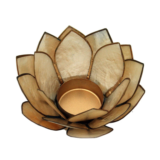 Tan - Image 1 - Light Brown Capiz Shell Lotus Flower Tealight Candle Holder - Exquisite Boho Décor - 4.75 Inches in Diameter